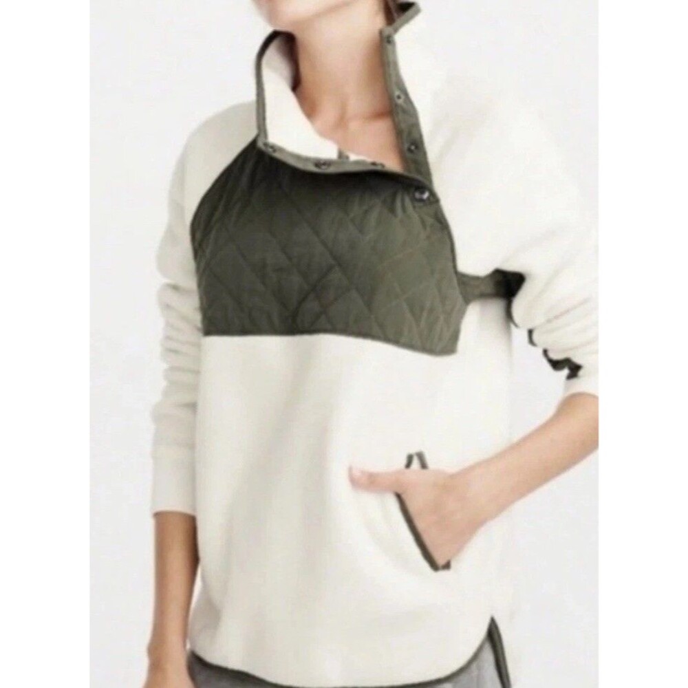 Abercrombie Fitch Asymmetric Snap Quilted Fleece Pullover Womens XS white green